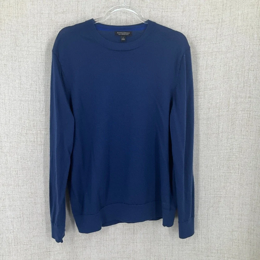 Banana Republic Sweater Mens Large Blue Merino Wool Crew Neck Classic Minimalist
